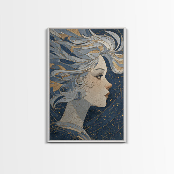Moon Goddess with Flowing Hair and Constellations Canvas Print, Astrology Art, Astrology Gifts, Living Room Decor, Zodiac, AST-2x3-59