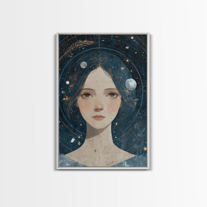 Virgo Maiden with Wheat and Blue Night Framed Canvas Print, Astrology Art, Astrology, Living Room Decor, Watercolor Art, Zodiac, AST-2x3-74