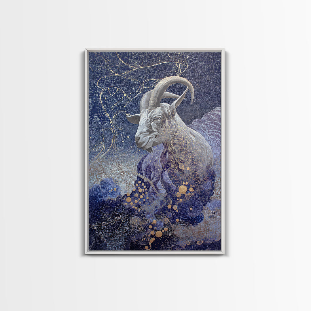 Capricorn Sea Goat Emerging from Cosmic Waves Framed Canvas Print, Astrology Art, Psychedelic Art, Living Room Decor, Zodiac, AST-2x3-75