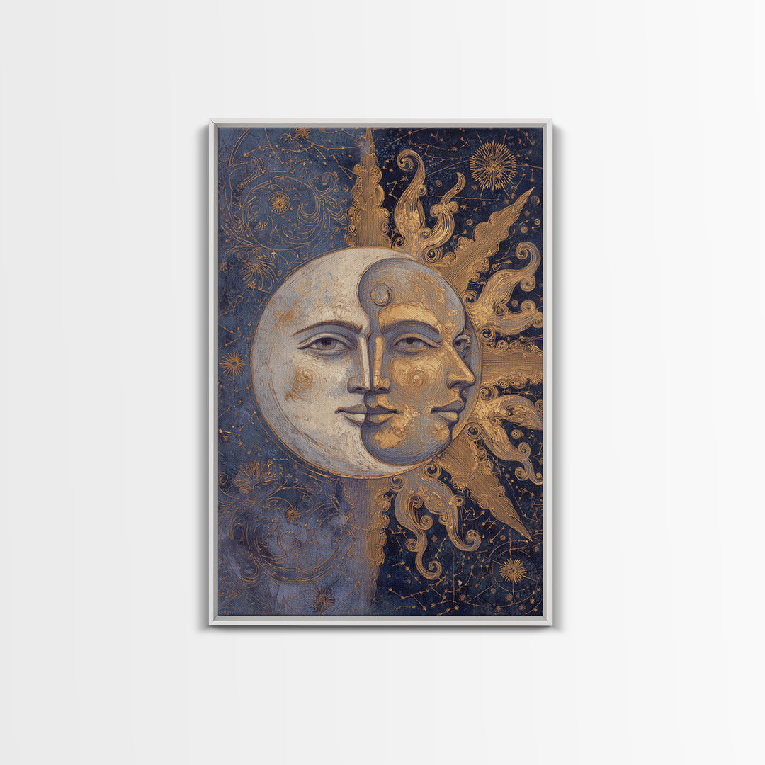 Sun and Moon Faces Framed Canvas Print, Astrology Art, Giclee Print, Living Room Decor, Fine Art, Zodiac, Fine Art Print, AST-2x3-85