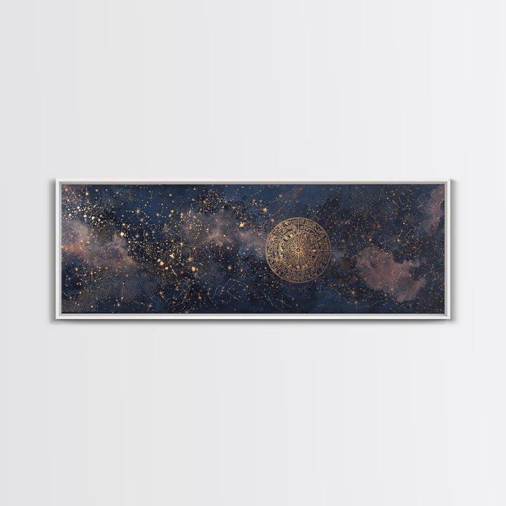 Gold Zodiac Wheel on Deep Midnight Blue Framed Canvas Print, Astrology Art, Statement Artwork, Living Room Decor, Oil Painting, AST-3x1-89