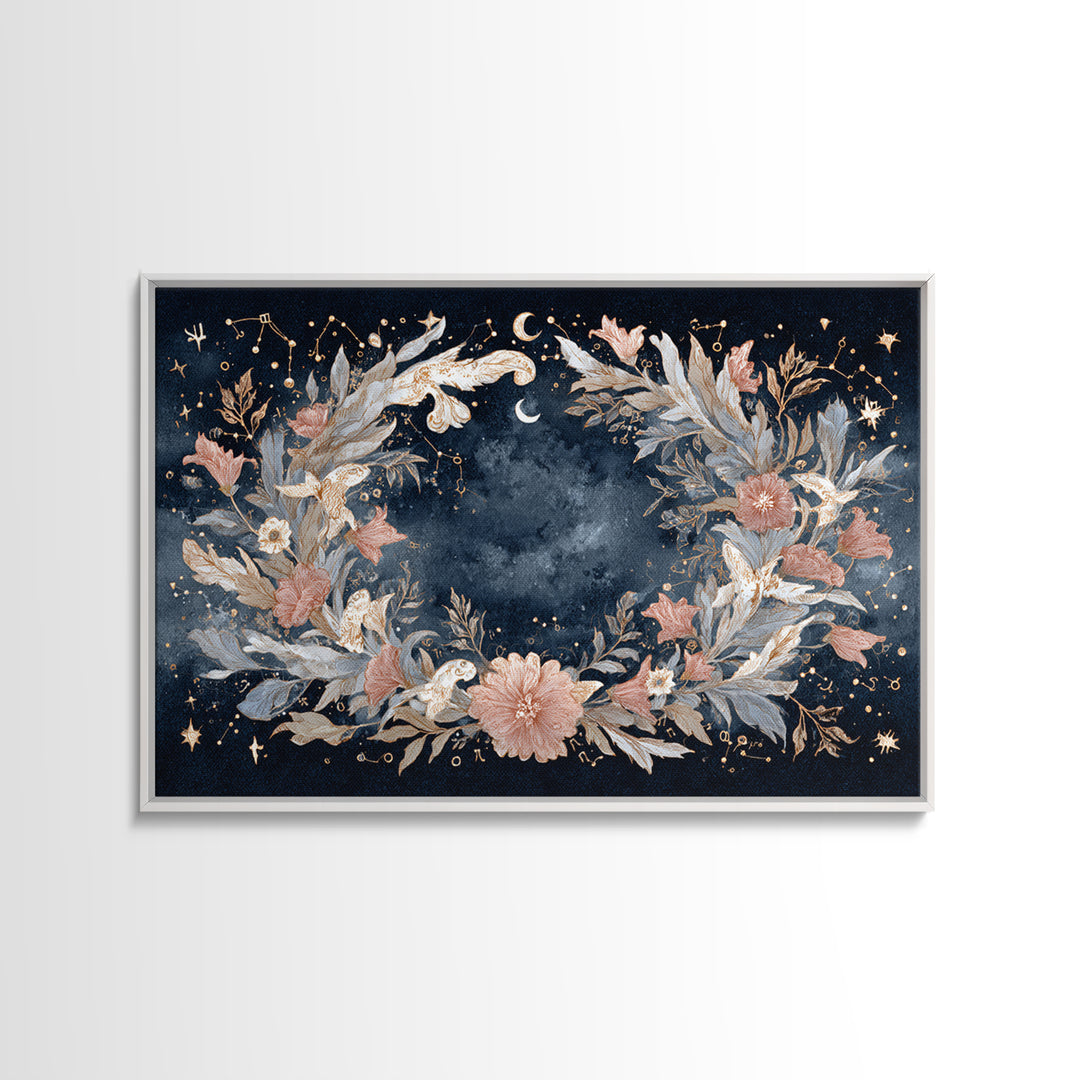 Astrological Botanical Wreath Framed Canvas Print, Astrology Art, Astronomy Art, Living Room Decor, Watercolor Art, Zodiac, AST-3x2-15