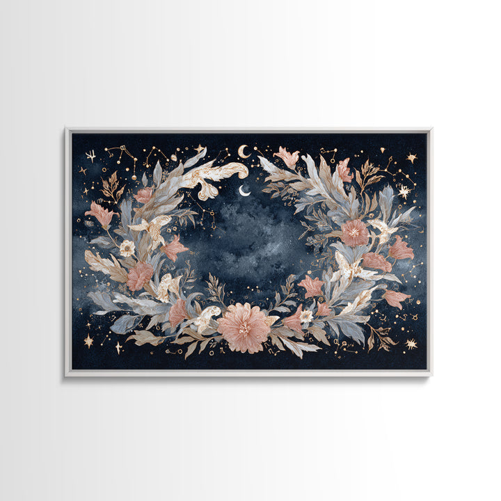 Astrological Botanical Wreath Framed Canvas Print, Astrology Art, Astronomy Art, Living Room Decor, Watercolor Art, Zodiac, AST-3x2-15