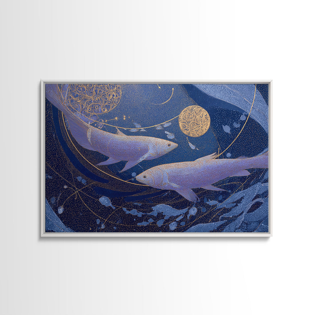 Cosmic Fish Pair Circling a Moonlit Pool Canvas Print, Astrology Art, Zodiac Wall Art, Living Room Decor, Fine Art, Zodiac, AST-3x2-3