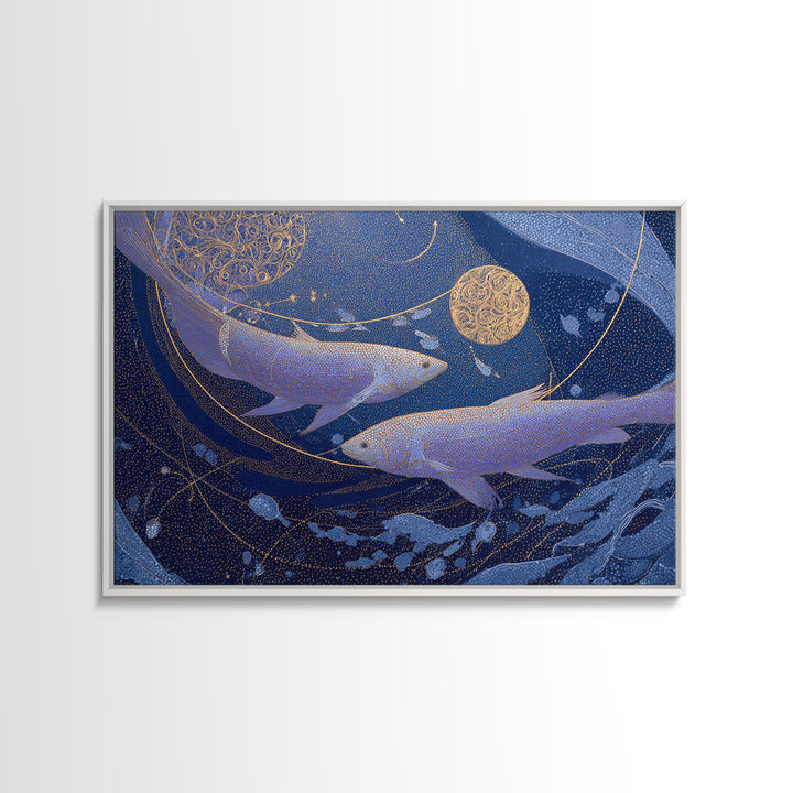 Cosmic Fish Pair Circling a Moonlit Pool Canvas Print, Astrology Art, Zodiac Wall Art, Living Room Decor, Fine Art, Zodiac, AST-3x2-3
