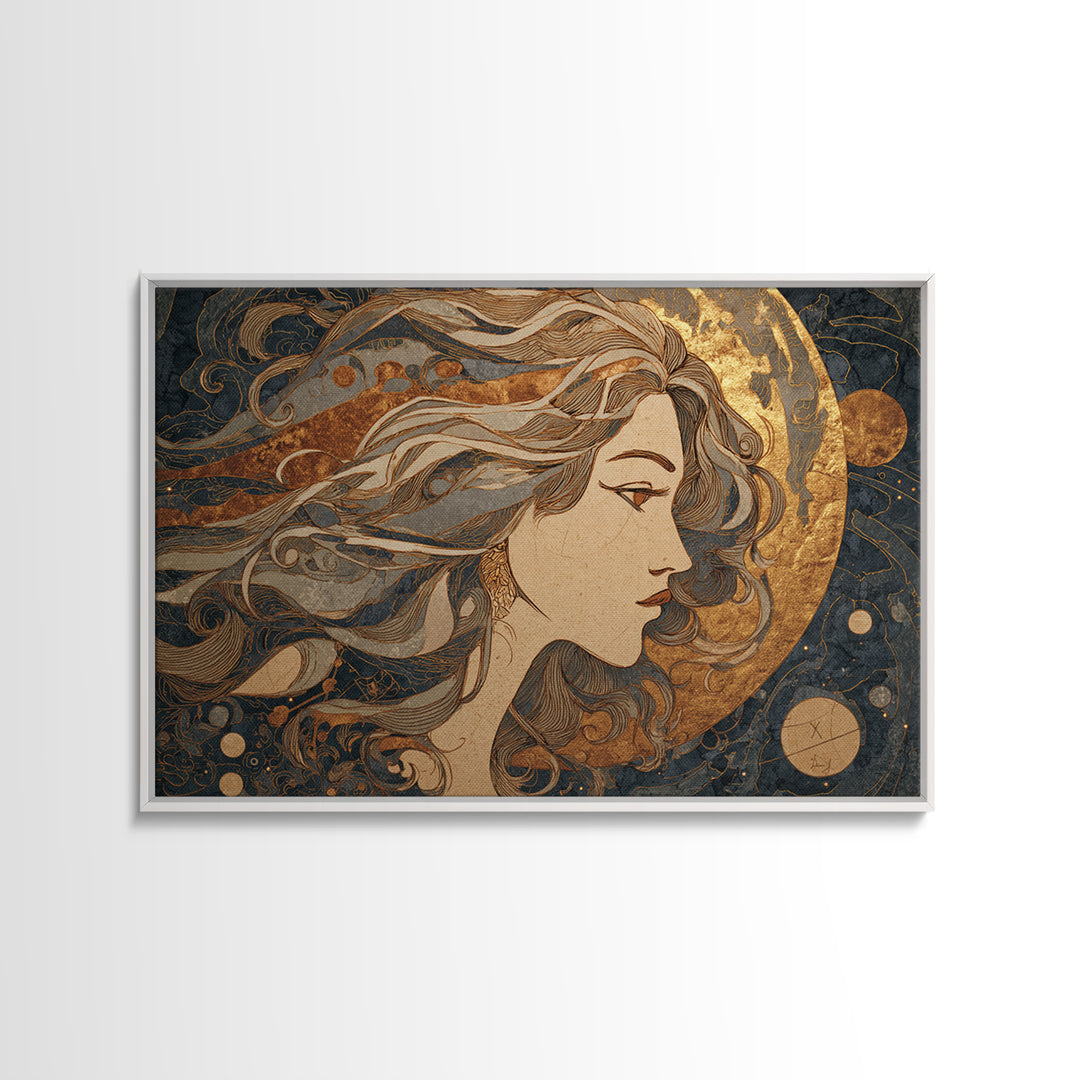Moon Goddess with Flowing Hair and Constellations Canvas Print, Astrology Art, Fine Art Print, Living Room Decor, Zodiac, AST-3x2-31