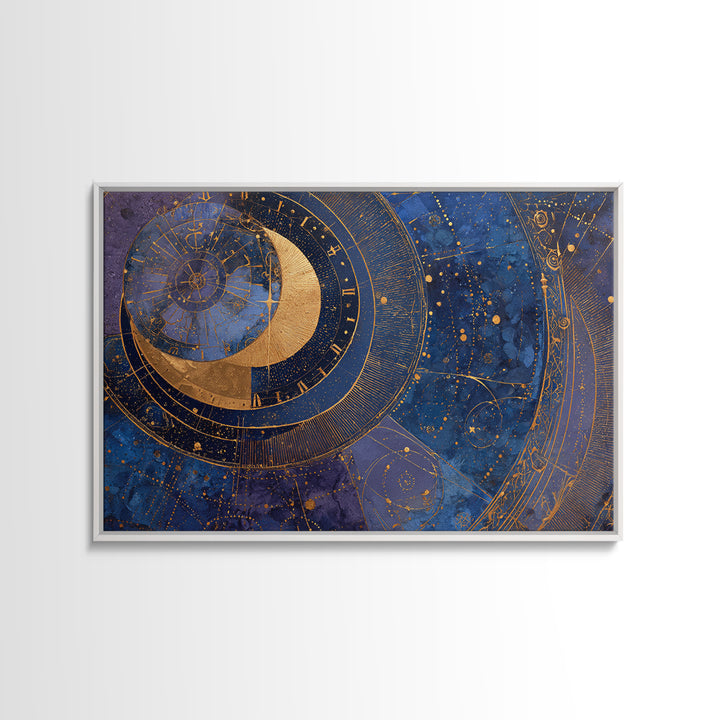 Gold Zodiac Wheel on Deep Midnight Blue Framed Canvas Print, Astrology Art, Astronomy Print, Living Room Decor, Zodiac, AST-3x2-5