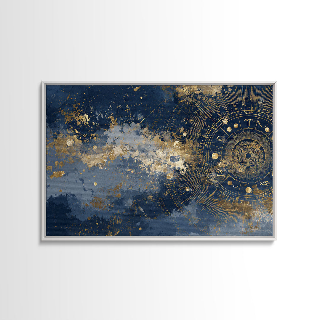 Gold Zodiac Wheel on Deep Midnight Blue Canvas Print, Astrology Art, Neutral Decor, Living Room Decor, Fine Art, Zodiac, AST-3x2-53