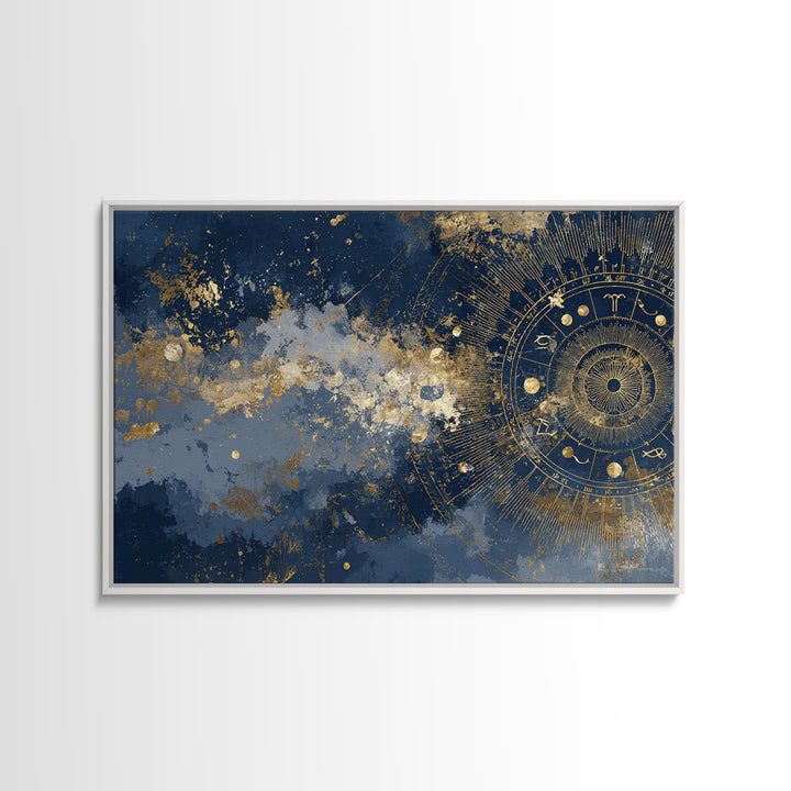 Gold Zodiac Wheel on Deep Midnight Blue Canvas Print, Astrology Art, Neutral Decor, Living Room Decor, Fine Art, Zodiac, AST-3x2-53