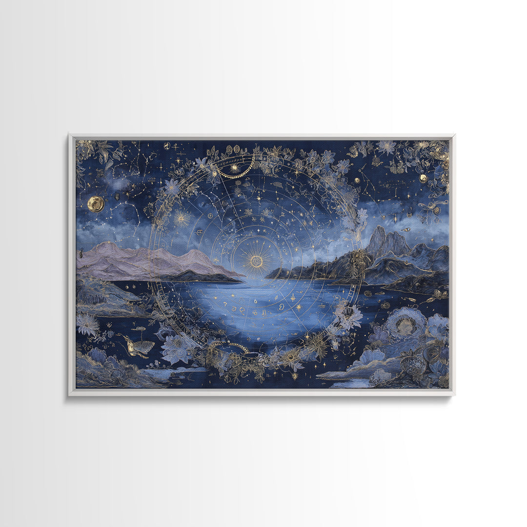 Astrological Botanical Wreath Framed Canvas Print, Astrology Art, Giclee Print, Living Room Decor, Oil Painting, Zodiac, AST-3x2-63