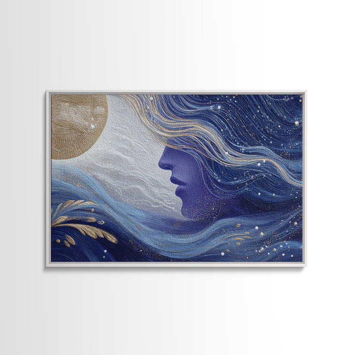 Moon Goddess with Flowing Hair and Constellations Framed Canvas Print, Astrology Art, Boho Decor, Living Room Decor, Zodiac, AST-3x2-7