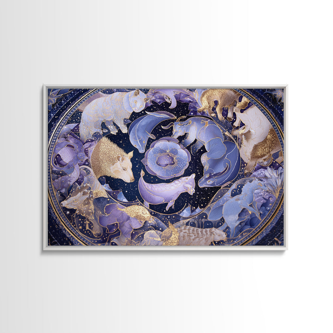 Twelve Zodiac Animals Arranged Framed Canvas Print, Astrology Art, Zodiac Sign Wall Art, Living Room Decor, Oil Painting, AST-3x2-8
