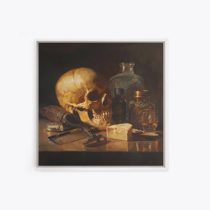 Skull with Comb and Razor in Tattoo Canvas Print, Barbershop Art, Unique Wall Art, Barbershop Decor, Oil Painting, Grooming, BAA-1x1-15