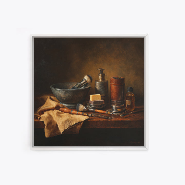 Hot Towel Shave Scene Cropped Close to Framed Canvas Print, Barbershop Art, Urban Wall Art, Barbershop Decor, Oil Painting, BAA-1x1-37