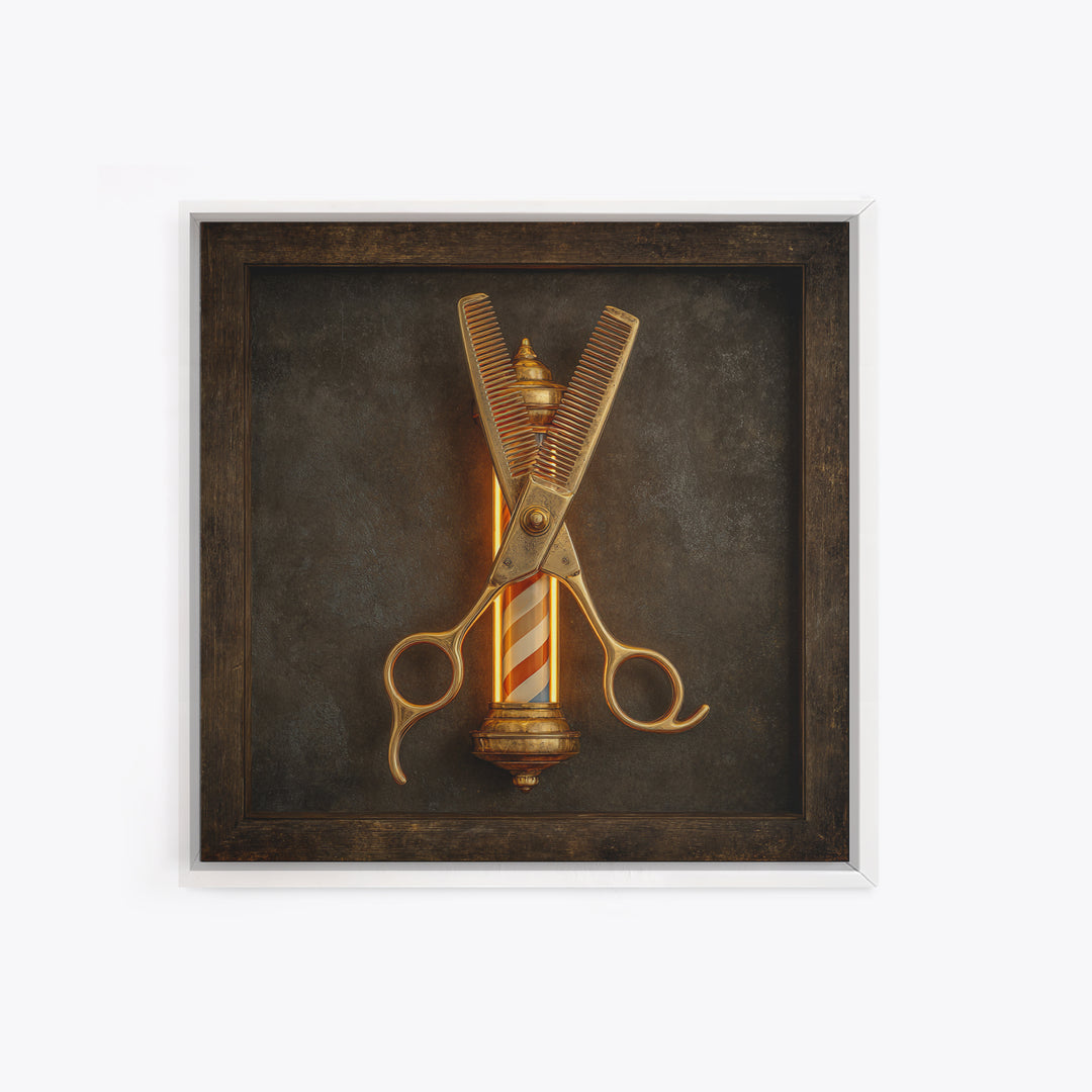Neon Scissors Icon Framed Canvas Print, Barbershop Art, Extra Large Wall Art, Barbershop Decor, Oil Painting, Grooming, BAA-1x1-43
