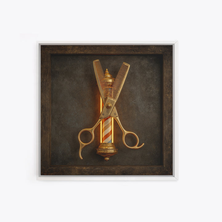Neon Scissors Icon Framed Canvas Print, Barbershop Art, Extra Large Wall Art, Barbershop Decor, Oil Painting, Grooming, BAA-1x1-43