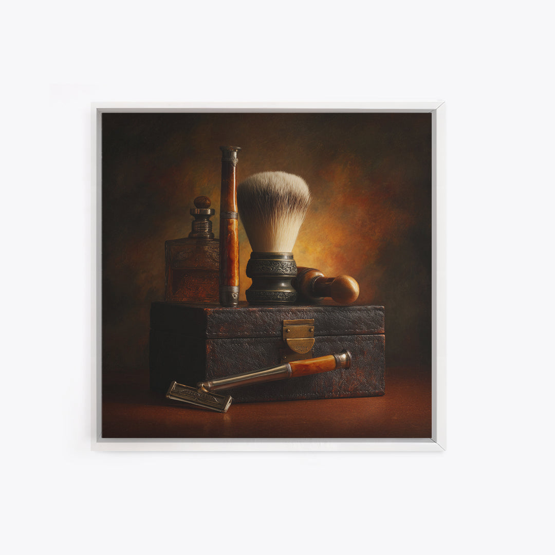 Straight Razor and Shaving Brush on Dark Canvas Print, Barbershop Art, Afrocentric Wall Art, Barbershop Decor, Grooming, BAA-1x1-50