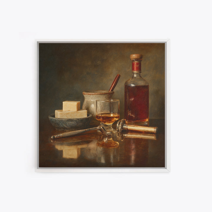 Whiskey and Straight Razor Masculine Still Life Canvas Print, Barbershop Art, Orange Wall Art, Barbershop Decor, Abstract Art, BAA-1x1-55