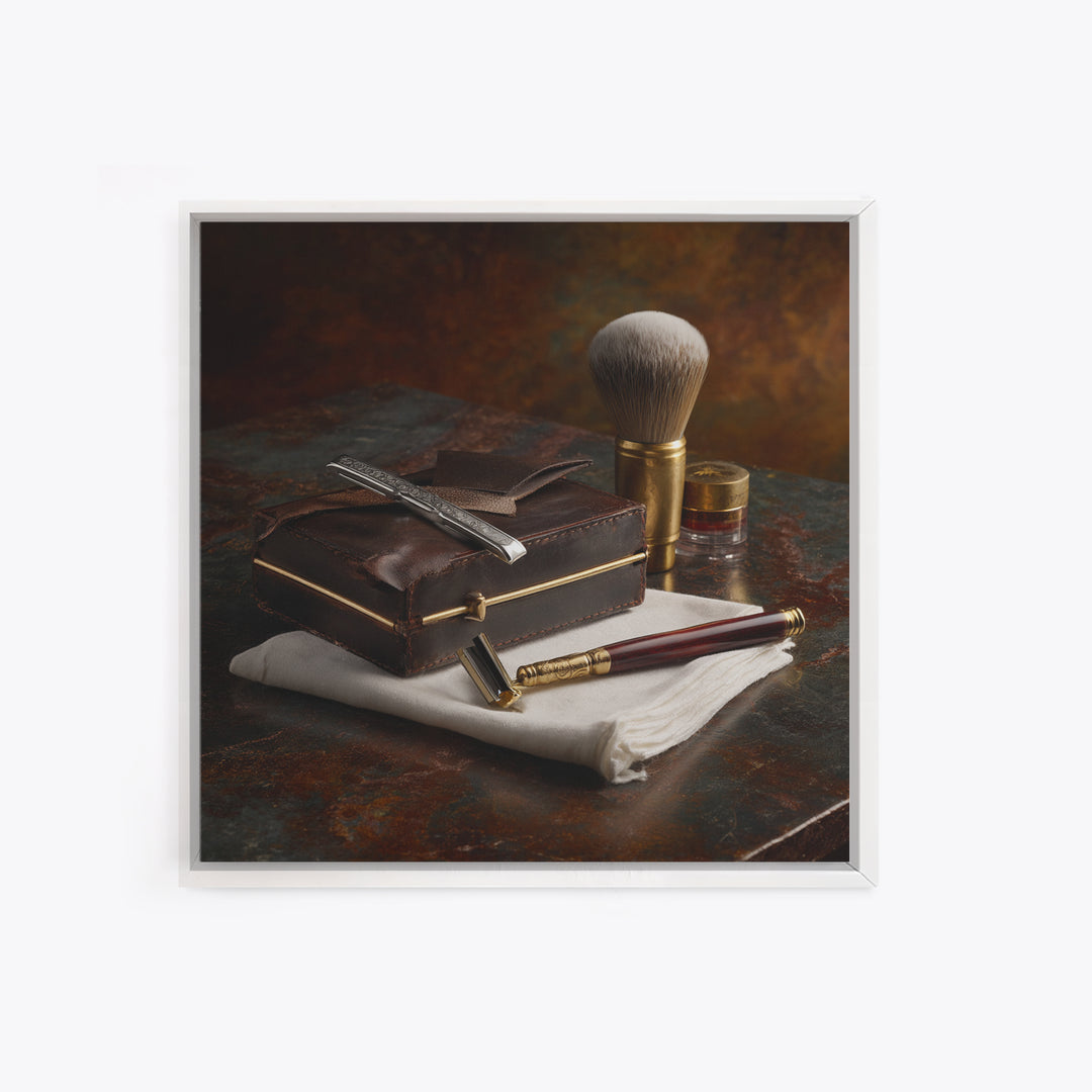 Straight Razor and Shaving Brush on Dark Framed Canvas Print, Barbershop Art, Orange Wall Art, Barbershop Decor, Grooming, BAA-1x1-74