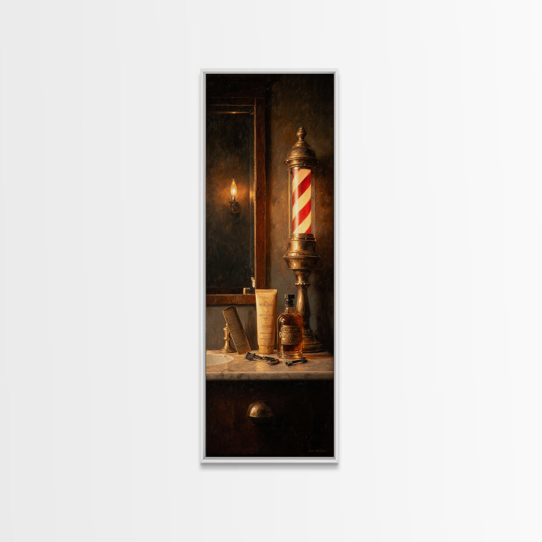 Whiskey and Straight Razor Masculine Still Life Canvas Print, Barbershop Art, Statement Artwork, Barbershop Decor, Grooming, BAA-1x3-19