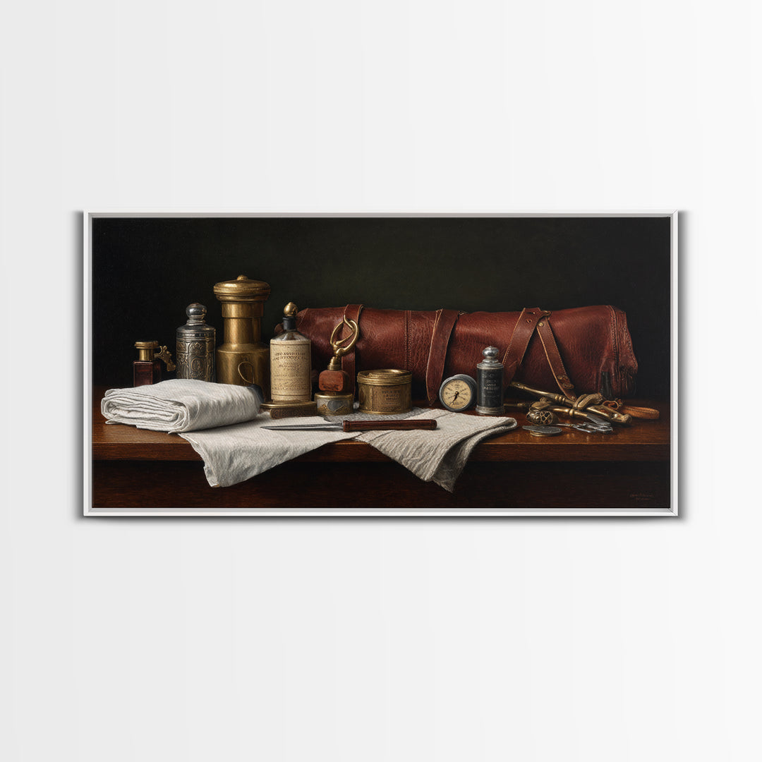 Leather Apron and Brass Tools Still Life Framed Canvas Print, Barbershop Art, Home Decor, Barbershop Decor, Fine Art, Grooming, BAA-2x1-42