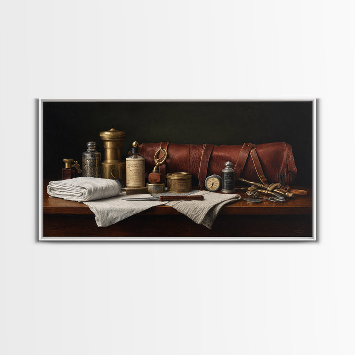 Leather Apron and Brass Tools Still Life Framed Canvas Print, Barbershop Art, Home Decor, Barbershop Decor, Fine Art, Grooming, BAA-2x1-42