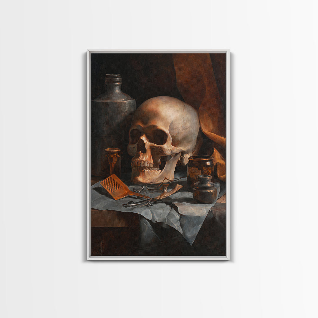 Skull with Comb and Razor in Tattoo Framed Canvas Print, Barbershop Art, Neutral Decor, Barbershop Decor, Abstract Art, BAA-2x3-47
