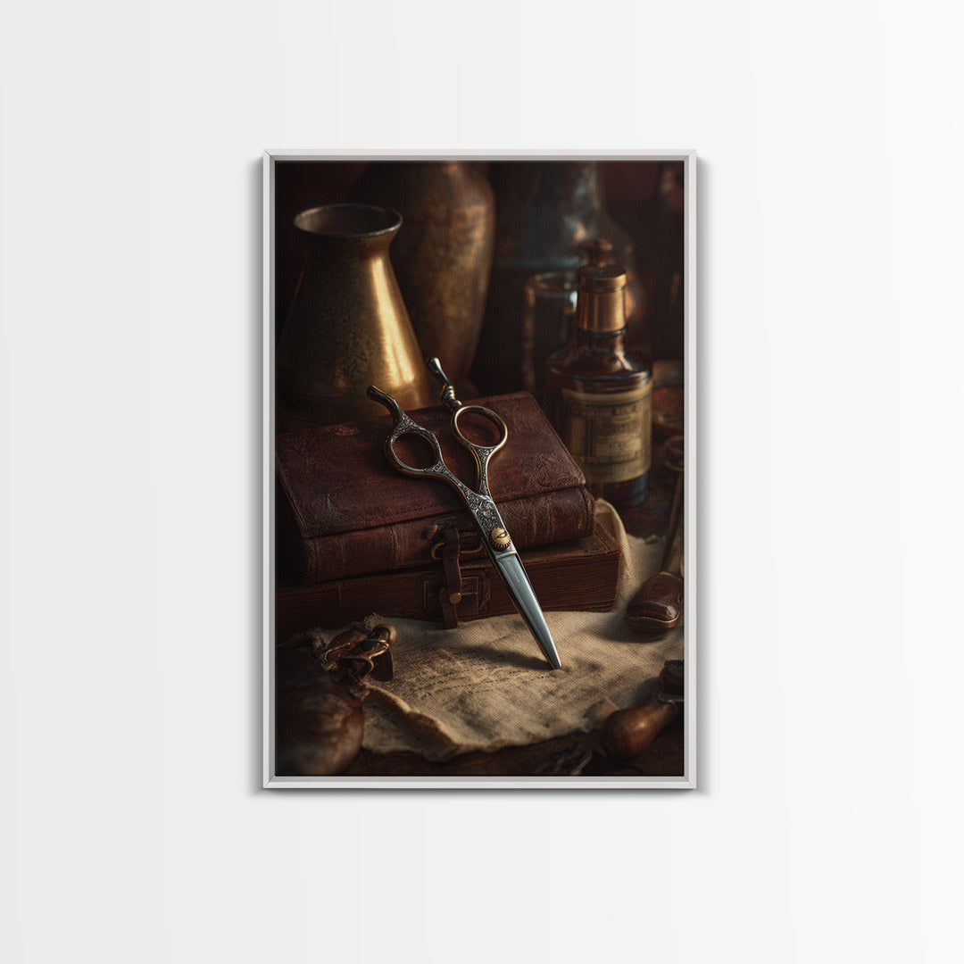 Neon Scissors Icon Framed Canvas Print, Barbershop Art, Black Man Art, Barbershop Decor, Oil Painting, Grooming, BAA-2x3-51