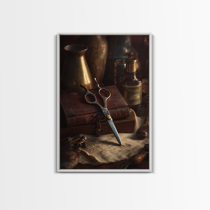 Neon Scissors Icon Framed Canvas Print, Barbershop Art, Black Man Art, Barbershop Decor, Oil Painting, Grooming, BAA-2x3-51