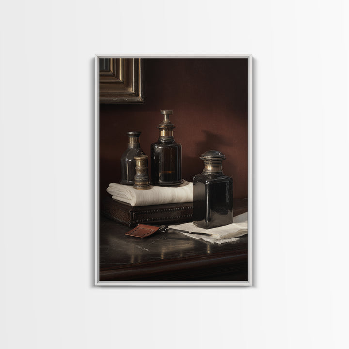 Old World Apothecary Bottles for Grooming Oils Canvas Print, Barbershop Art, Quirky Home Decor, Barbershop Decor, Grooming, BAA-2x3-52