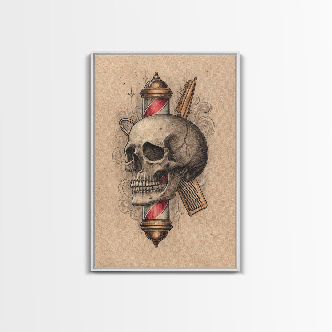 Skull with Comb and Razor in Tattoo Canvas Print, Barbershop Art, Luxury Decor, Barbershop Decor, Fine Art, Grooming, BAA-2x3-71