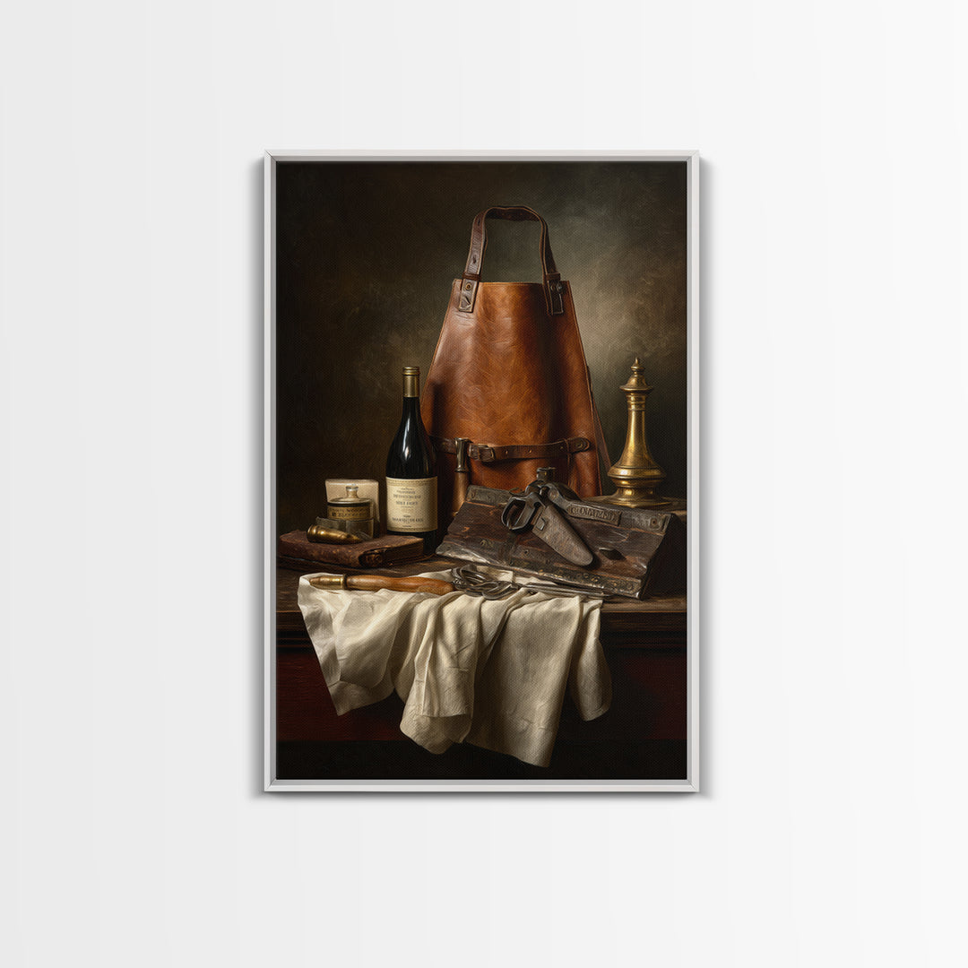 Leather Apron and Brass Tools Still Life Framed Canvas Print, Barbershop Art, Minimalist Decor, Barbershop Decor, Grooming, BAA-2x3-78
