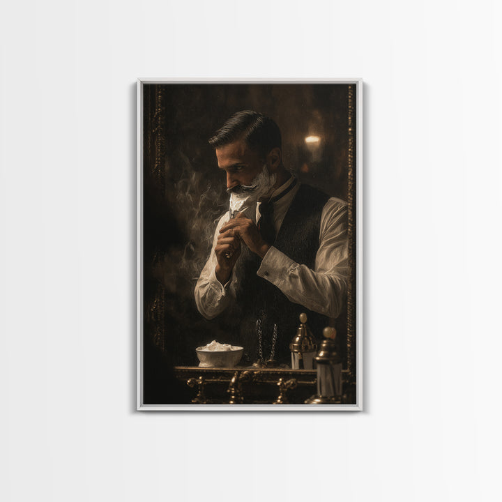 Hot Towel Shave Scene Cropped Close to Framed Canvas Print, Barbershop Art, Digital Art, Barbershop Decor, Fine Art, Grooming, BAA-2x3-93