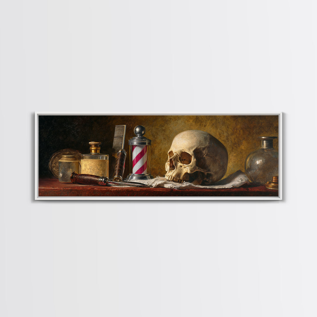 Skull with Comb and Razor in Tattoo Framed Canvas Print, Barbershop Art, Room Decor, Barbershop Decor, Fine Art, Grooming, BAA-3x1-55