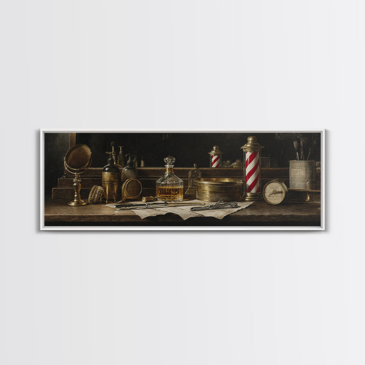 Whiskey and Straight Razor Masculine Still Life Canvas Print, Barbershop Art, Oil Painting, Barbershop Decor, Grooming, BAA-3x1-71