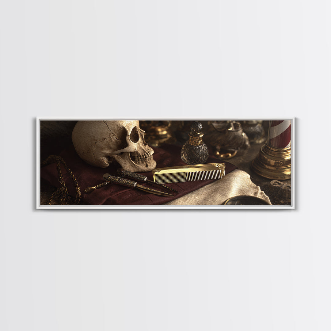 Skull with Comb and Razor in Tattoo Framed Canvas Print, Barbershop Art, Black Art, Barbershop Decor, Oil Painting, Grooming, BAA-3x1-79