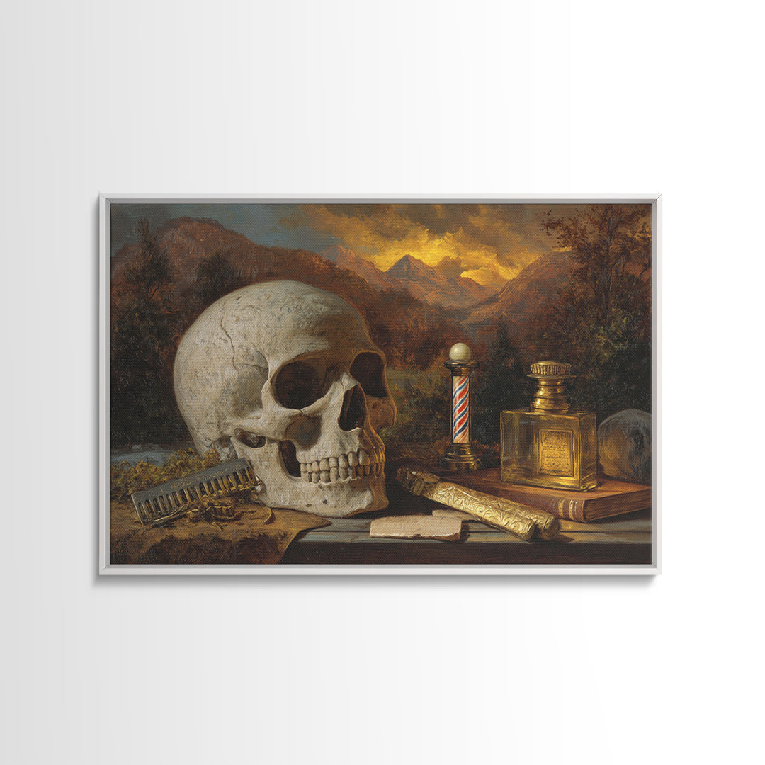 Skull with Comb and Razor in Tattoo Framed Canvas Print, Barbershop Art, Retro Wall Art, Barbershop Decor, Fine Art, Grooming, BAA-3x2-19