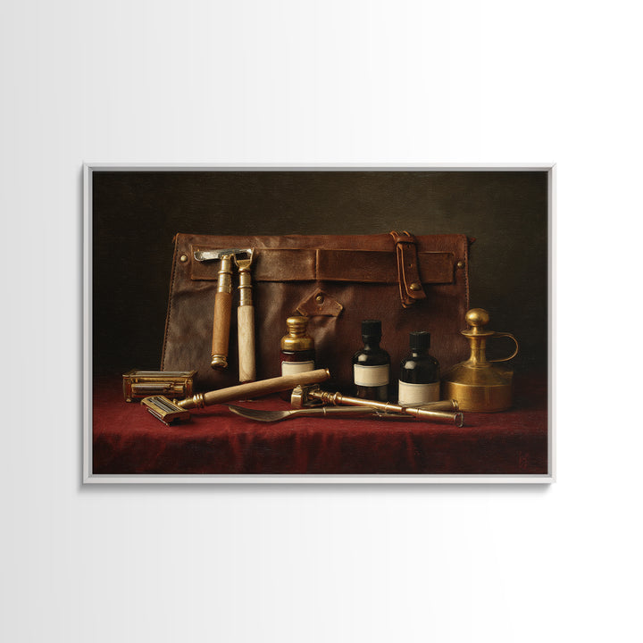 Leather Apron and Brass Tools Still Life Framed Canvas Print, Barbershop Art, Minimalist Decor, Barbershop Decor, Grooming, BAA-3x2-2