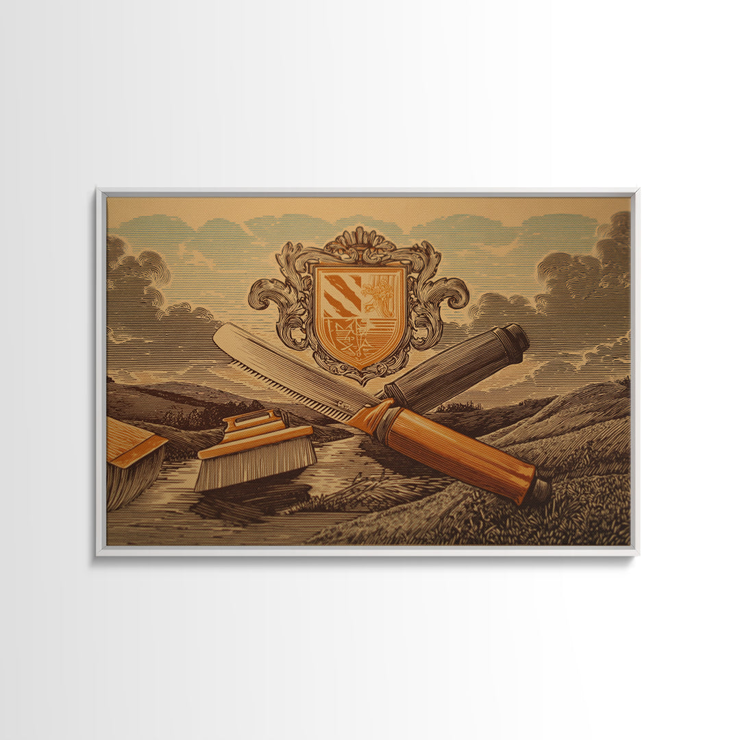 Bold Linocut Barber Emblem Framed Canvas Print, Barbershop Art, Digital Prints, Barbershop Decor, Fine Art, Grooming, BAA-3x2-28