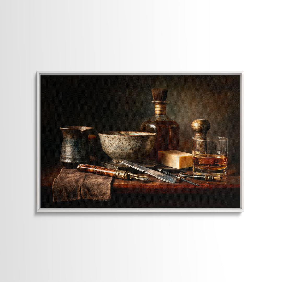 Whiskey and Straight Razor Masculine Still Life Canvas Print, Barbershop Art, Black Art Prints, Barbershop Decor, Grooming, BAA-3x2-35