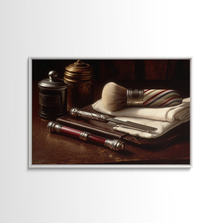 Straight Razor and Shaving Brush on Dark Framed Canvas Print, Barbershop Art, Oil Painting, Barbershop Decor, Grooming, BAA-3x2-6