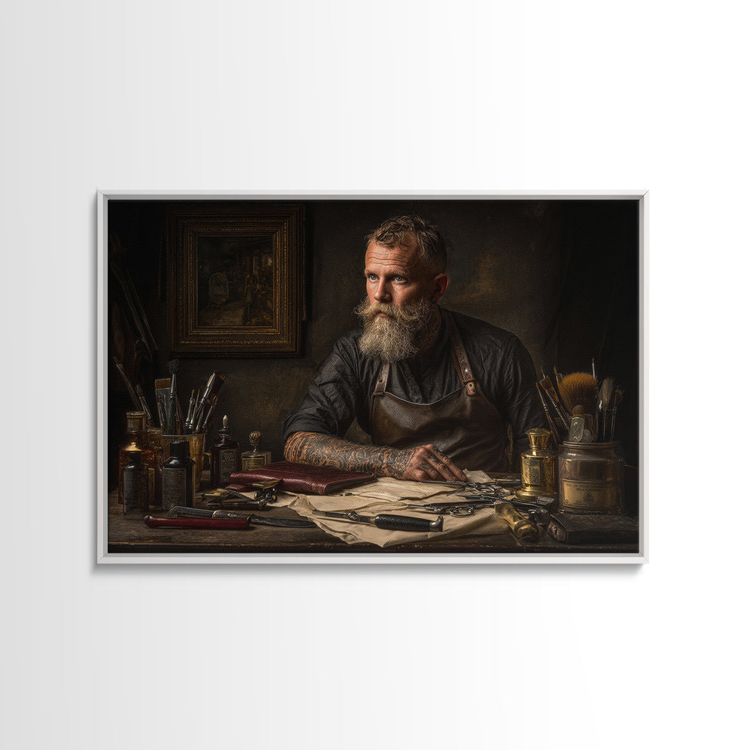 Tattooed Barber Portrait Framed Canvas Print, Barbershop Art, Art Print, Barbershop Decor, Grooming, African American Art, BAA-3x2-8