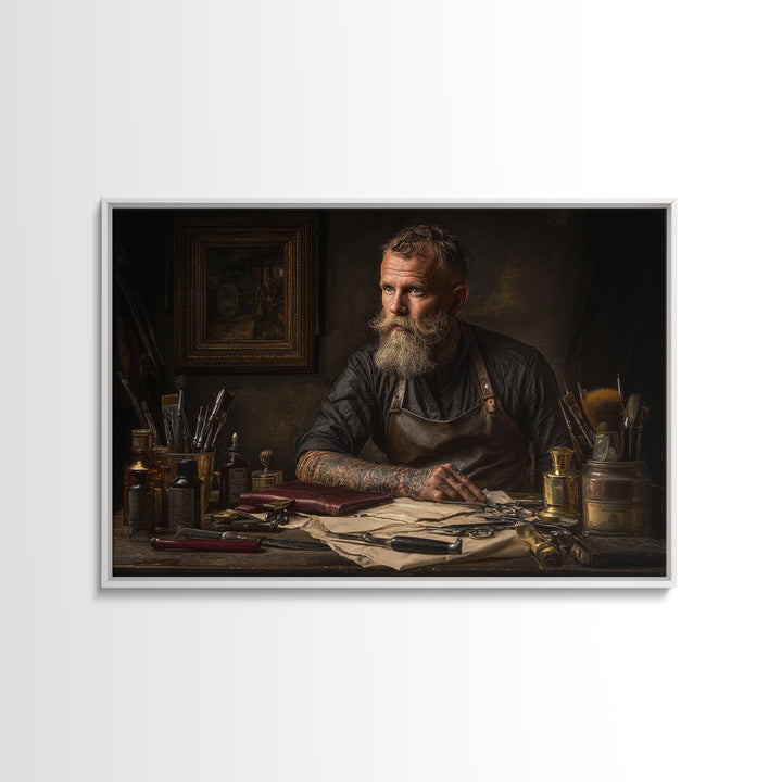 Tattooed Barber Portrait Framed Canvas Print, Barbershop Art, Art Print, Barbershop Decor, Grooming, African American Art, BAA-3x2-8