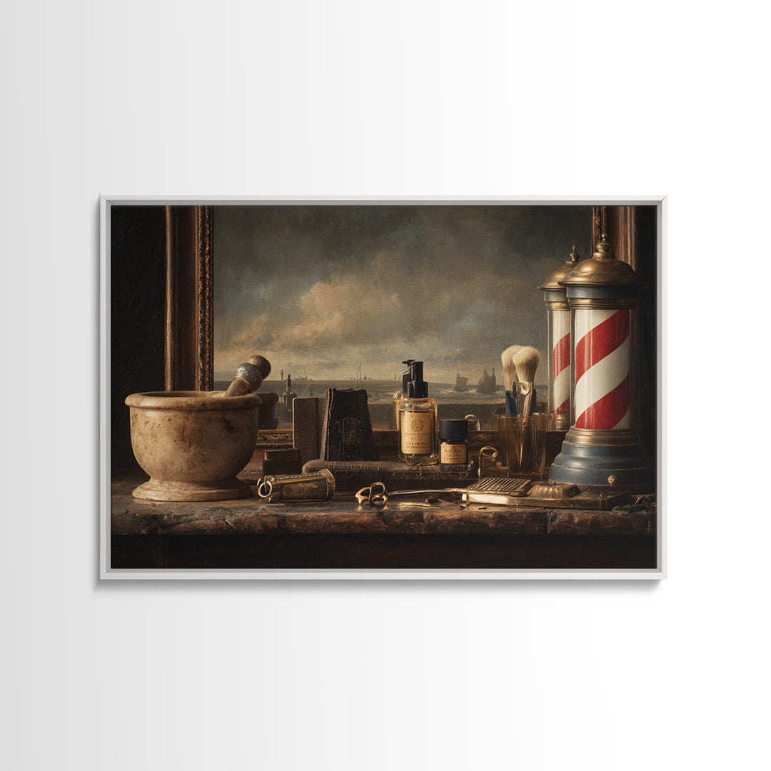 Antique Clippers and Combs on Worn Wood Framed Canvas Print, Barbershop Art, Living Room Art, Barbershop Decor, Grooming, BAA-3x2-85