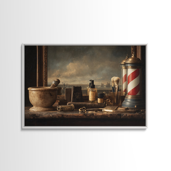 Antique Clippers and Combs on Worn Wood Framed Canvas Print, Barbershop Art, Living Room Art, Barbershop Decor, Grooming, BAA-3x2-85