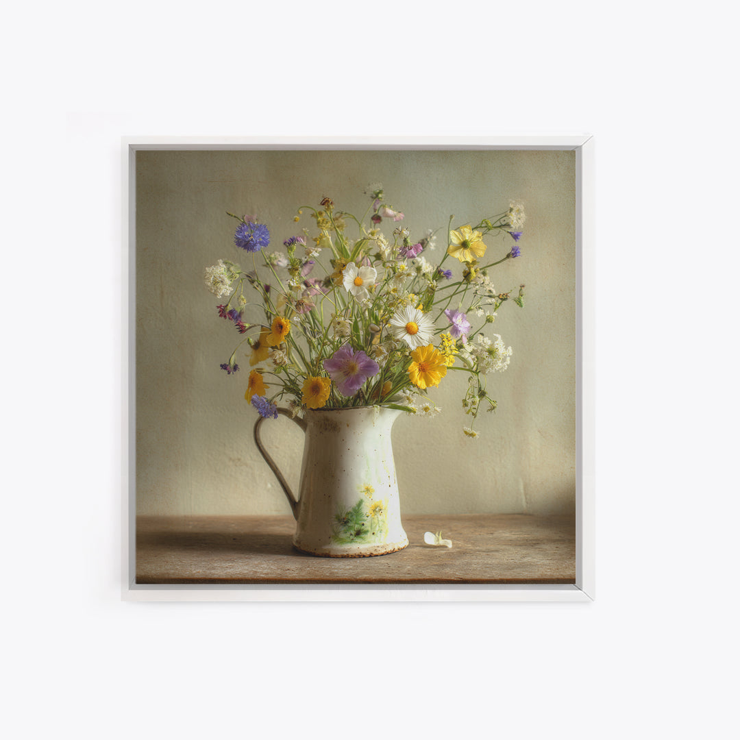 Country Wildflowers in a Chipped Ceramic Pitcher Canvas Print, Bed and Breakfast Art, Modern Decor, Living Room Decor, BAB-1x1-1