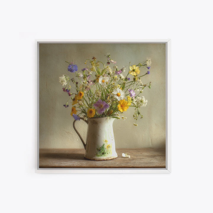 Country Wildflowers in a Chipped Ceramic Pitcher Canvas Print, Bed and Breakfast Art, Modern Decor, Living Room Decor, BAB-1x1-1