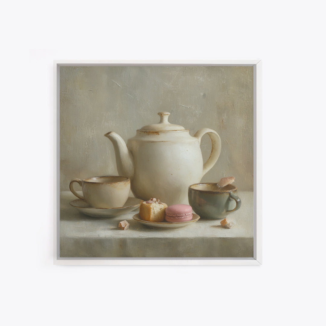 Porcelain Teapot and Scones Framed Canvas Print, Bed and Breakfast Art, Wall Decor, Living Room Decor, Fine Art, BAB-1x1-12