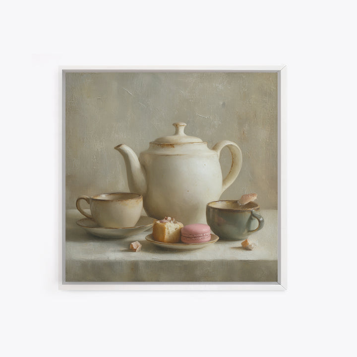 Porcelain Teapot and Scones Framed Canvas Print, Bed and Breakfast Art, Wall Decor, Living Room Decor, Fine Art, BAB-1x1-12