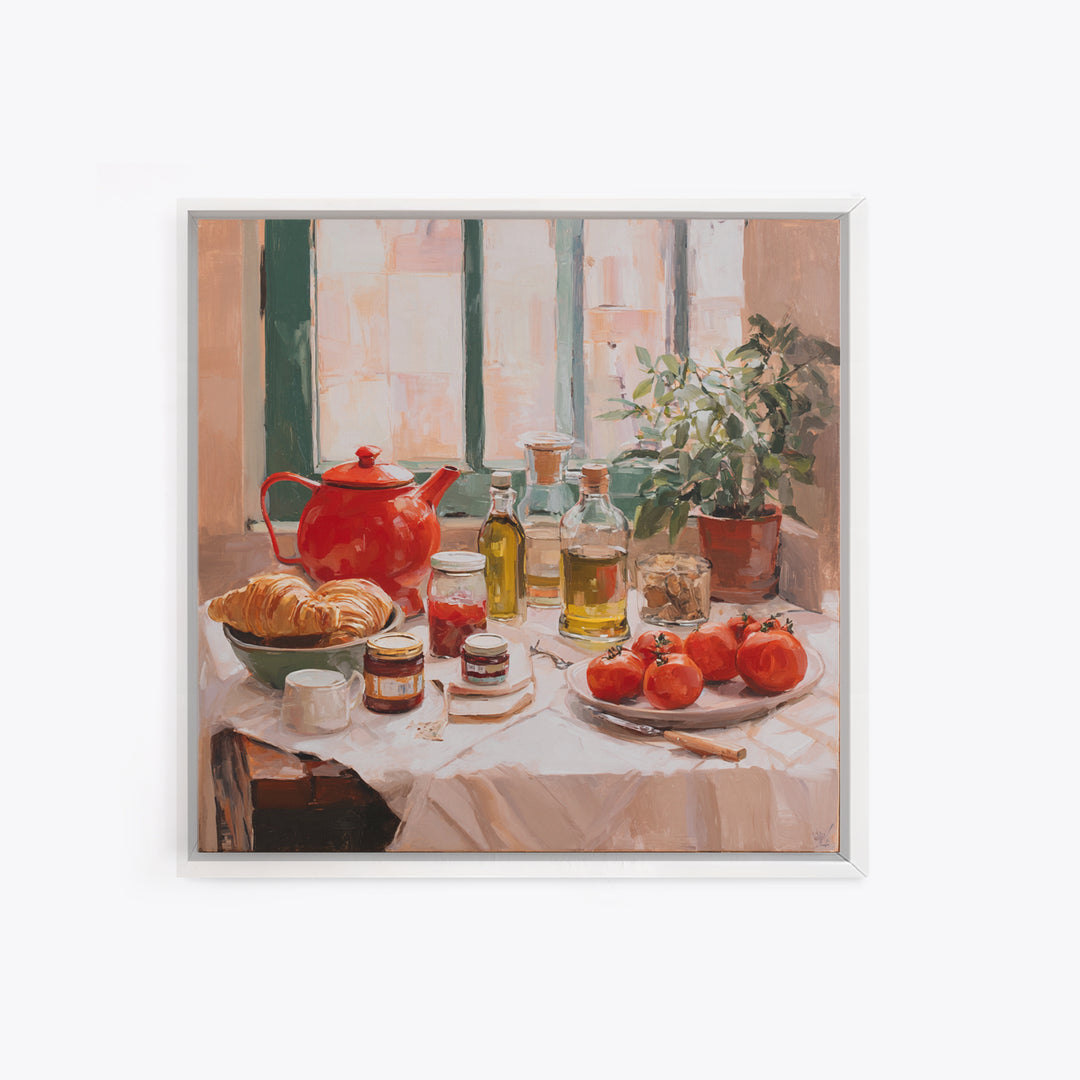 Fresh Croissants and Jam on a Linen Framed Canvas Print, Bed and Breakfast Art, Above Bed Decor, Living Room Decor, Fine Art, BAB-1x1-2